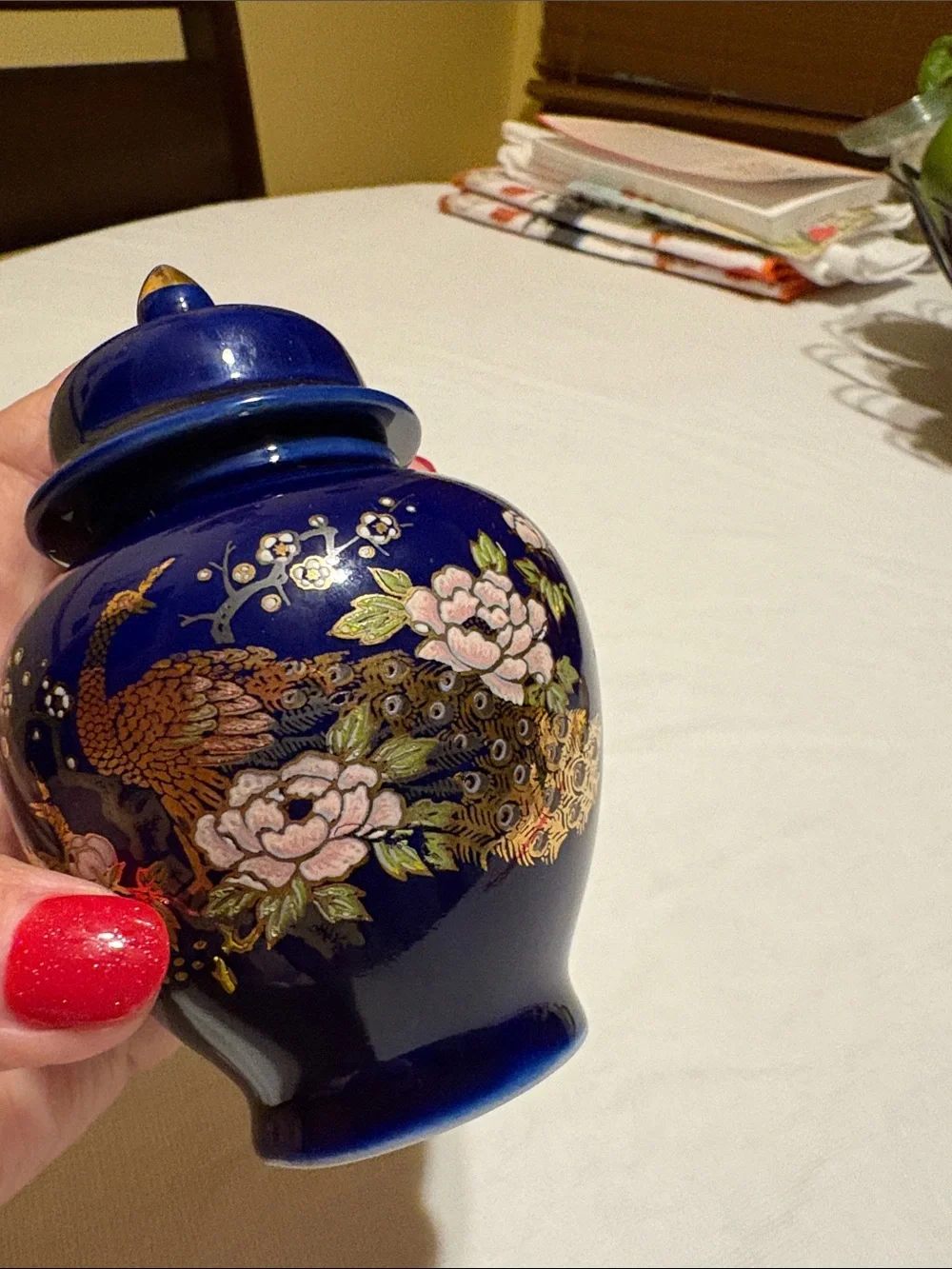 Cobalt Blue Porcelain Lidded Vase with Gold and Floral Motif